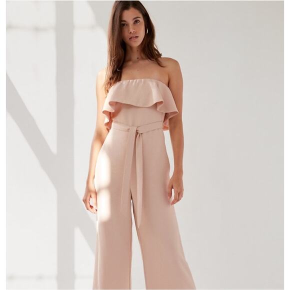 Aritzia Babaton Flutter Strapless Ruffle Cropped Wide Leg Jumpsuit in Pink | 2 - Picture 1 of 6